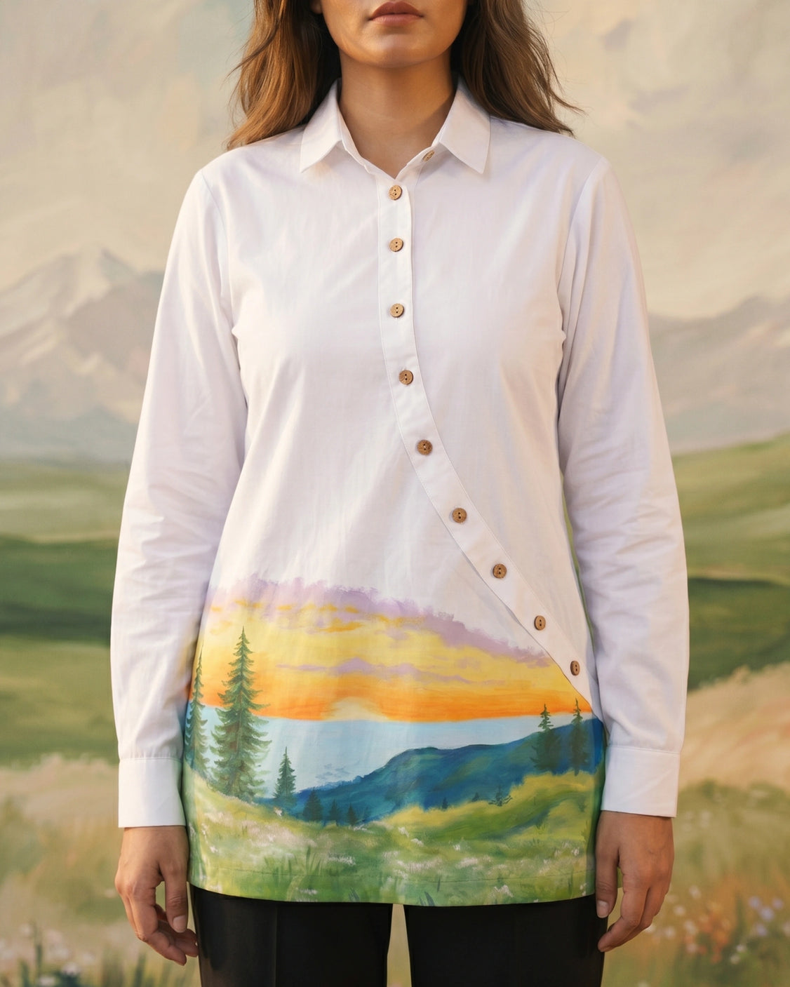 Asymmetirc Ivory Handpainted Cotton Shirt