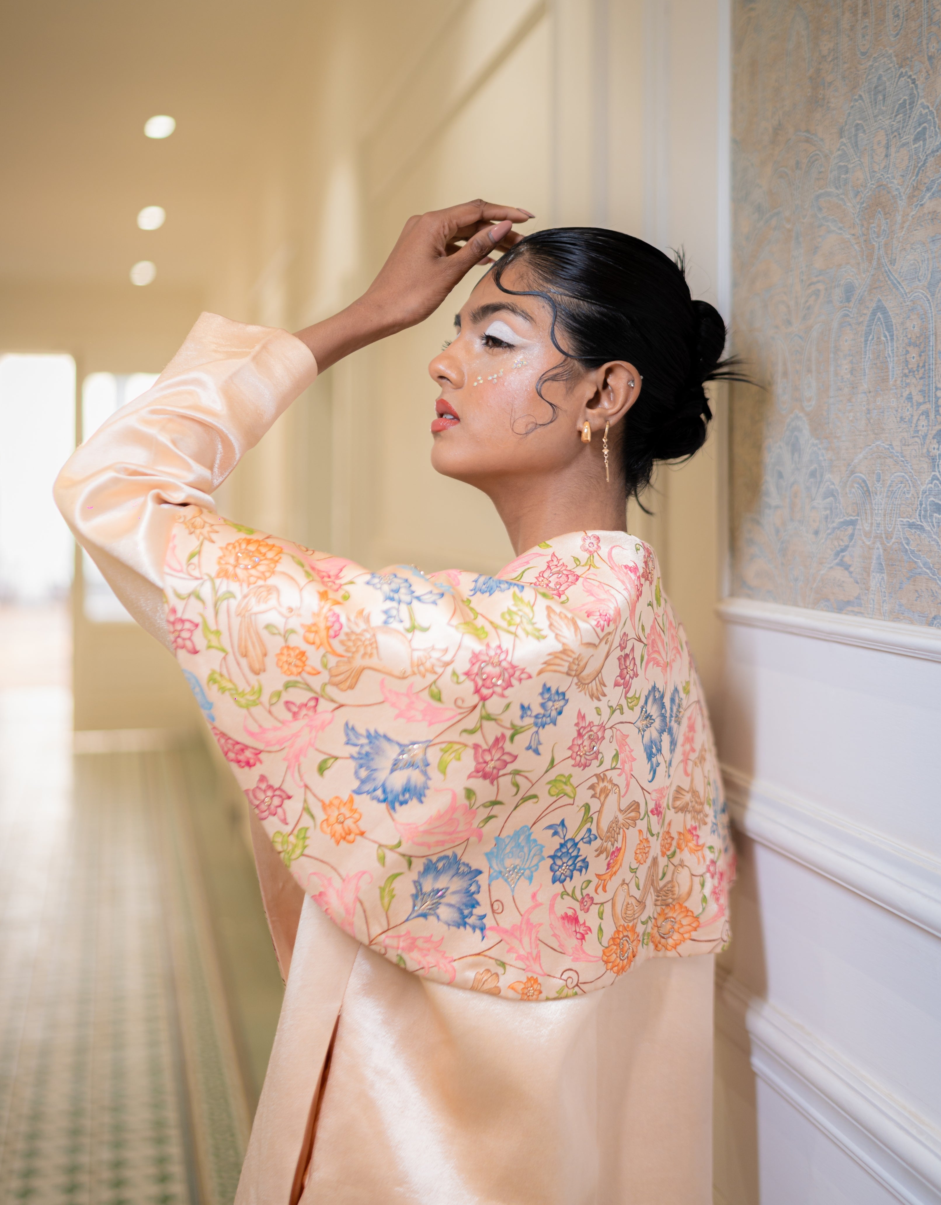 Champagne Handpainted Silk Cape Collar Coat