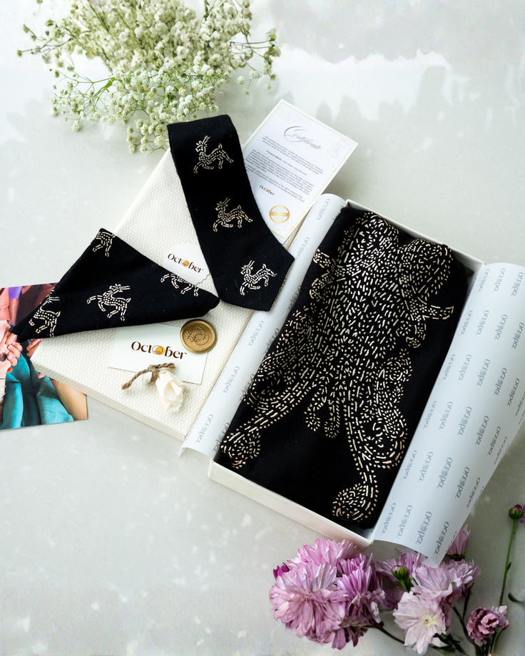 Black Real Silver Printed Pure Pashmina Scarf & Tie & Pocket Square Set