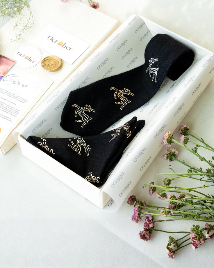 Black Silver Printed Pure Pashmina Tie & pocket Square Set