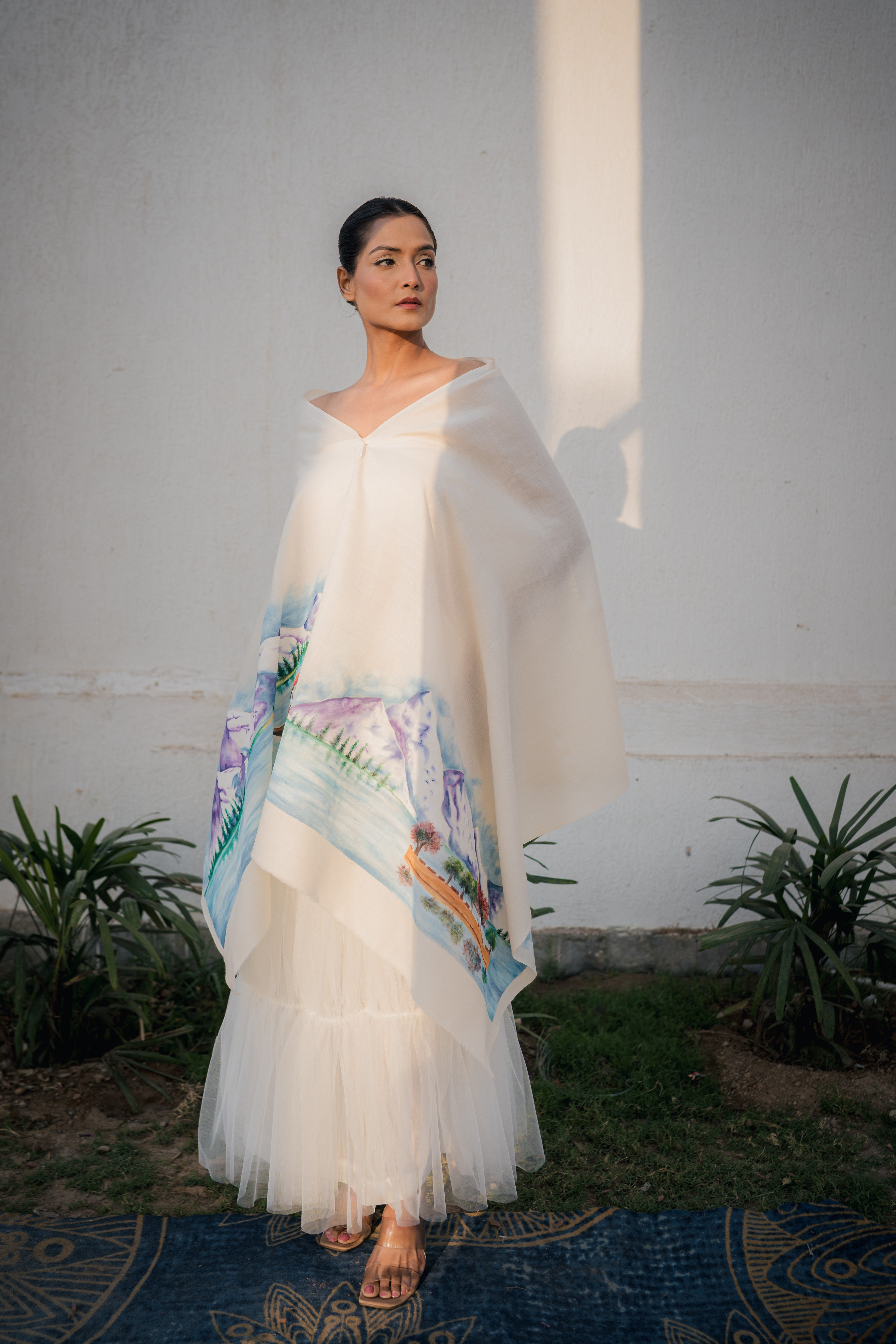 Kashmir White Handpainted Scarf