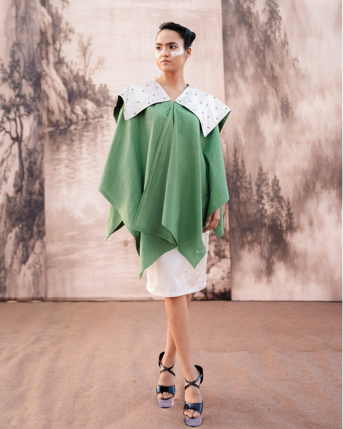 Fern Silver Printed Asymmetrical Cape