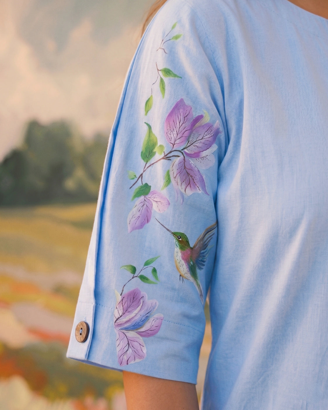 Sky Bougainvilla Handpainted Cotton Shirt