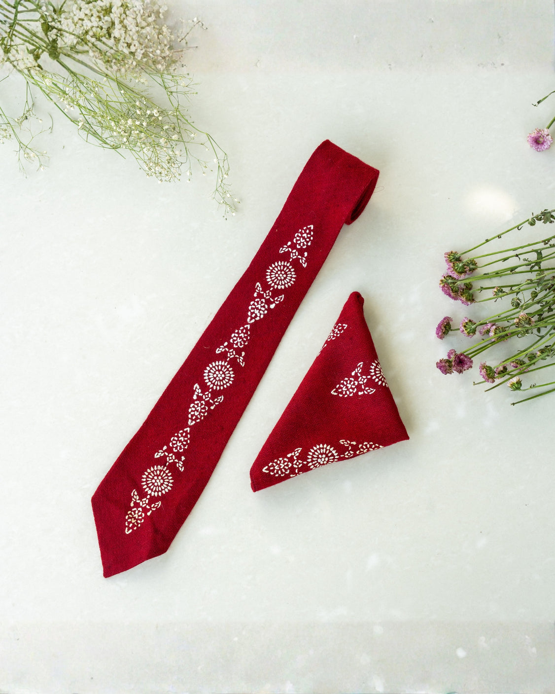 Maroon Silver Printed Pure Pashmina Tie & Pocket Square Set