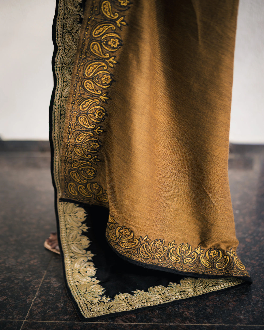 Ochre Black Reversible Embroidery & Handpainted Pashmina Saree