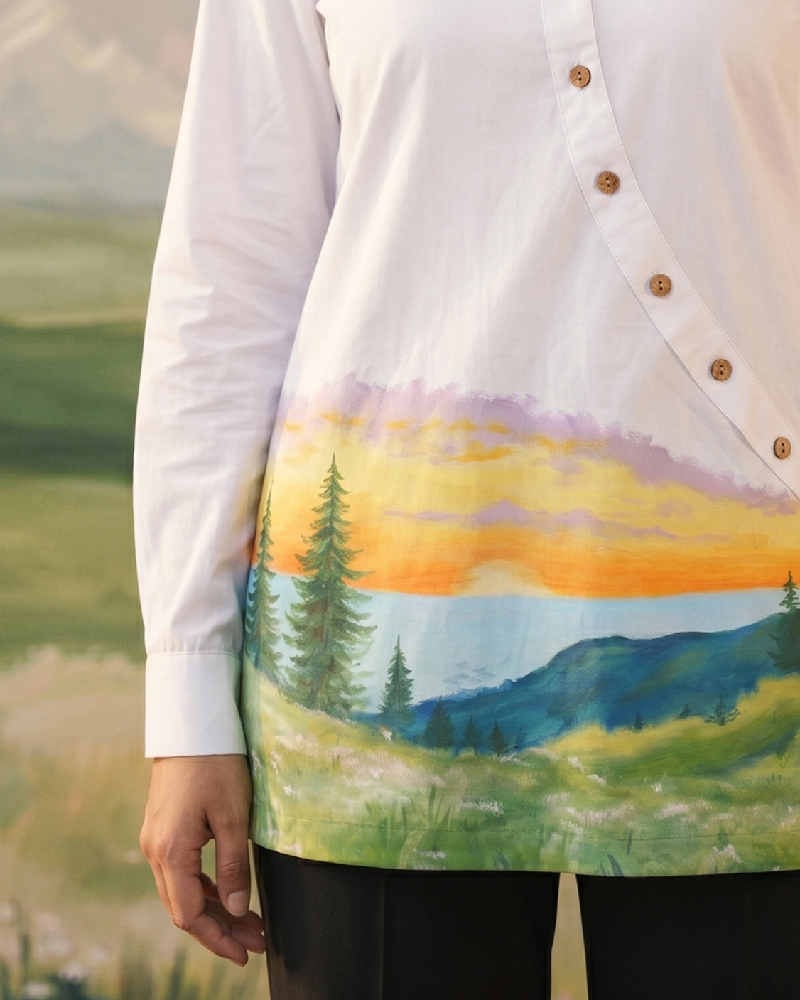Asymmetirc Ivory Handpainted Cotton Shirt