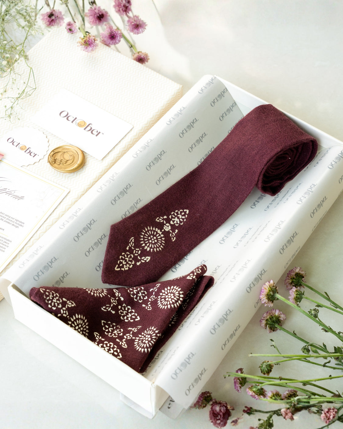Brown Pure Pashmina Silver Printed Tie & pocket Square Set