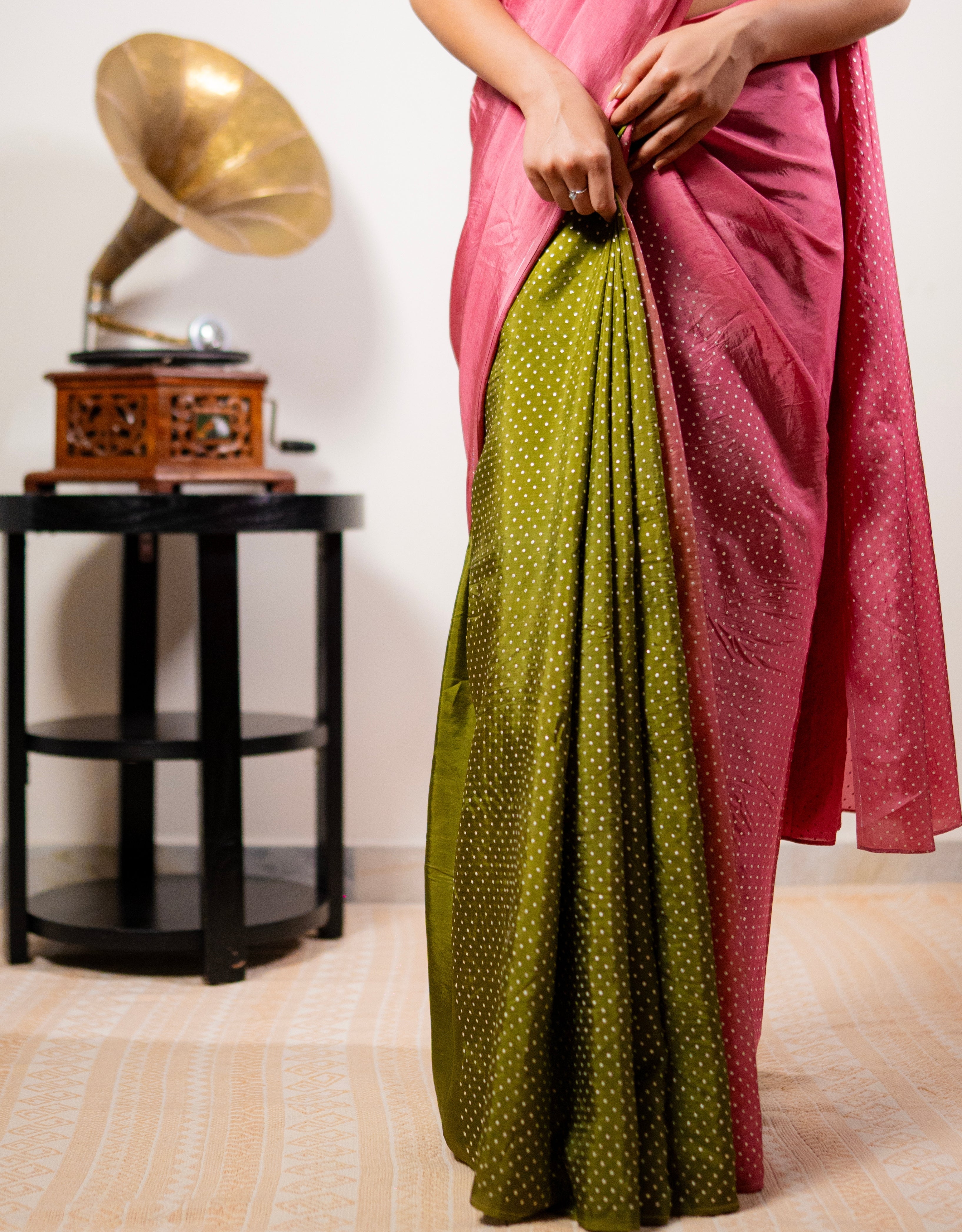 Blush Polka Dot Real Silver Silk Saree