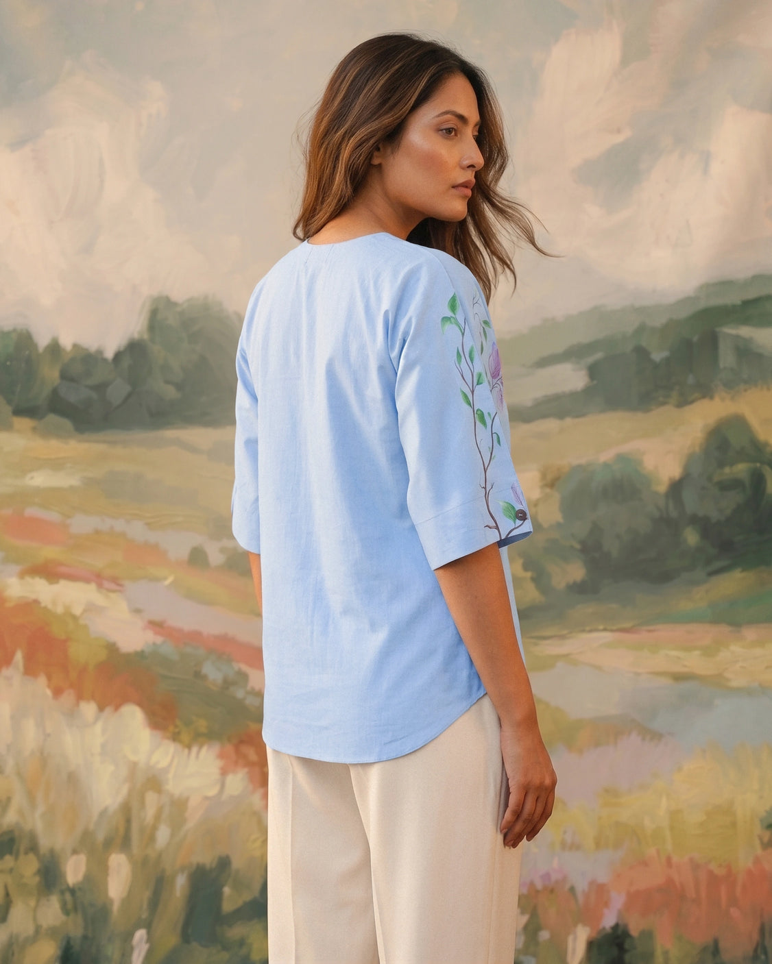 Sky Bougainvilla Handpainted Cotton Shirt