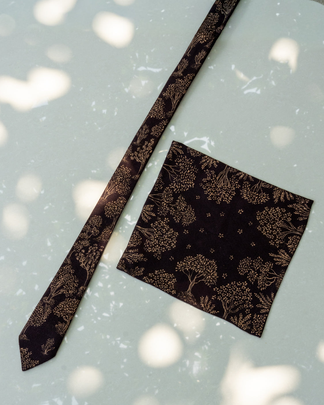 Brown Hand-Painted Pure Pashmina Tie & Pocket Square Set