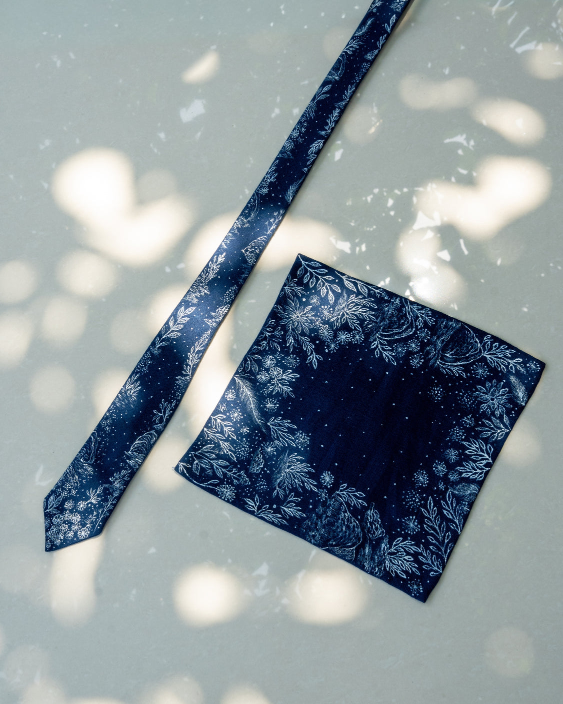 Midnight Blue Hand-Painted Pure Pashmina Tie & Pocket Square Set