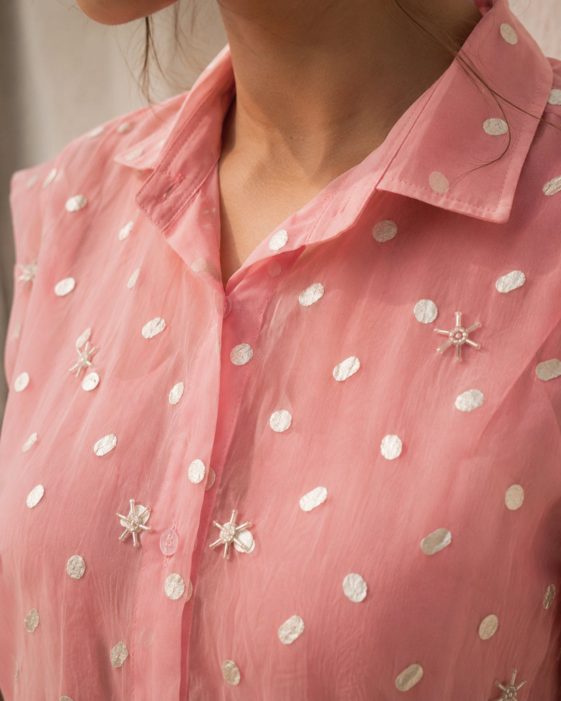 Blush Silver Printed Embroidery Organza Shirt
