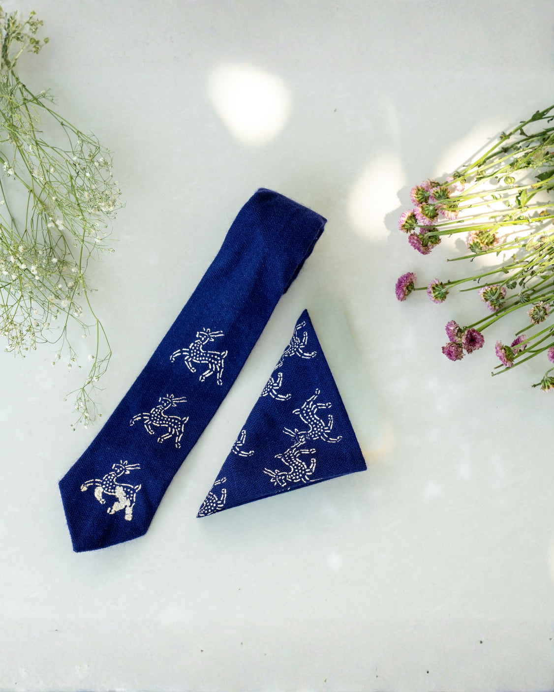 Navy Blue Pure Pashmina Silver Printed Tie & Pocket Square Set