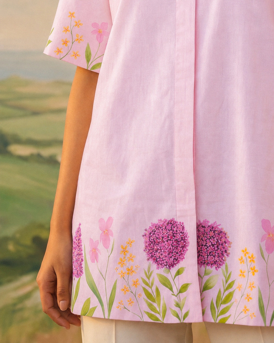 Blush Floral Handpainted Cotton Shirt