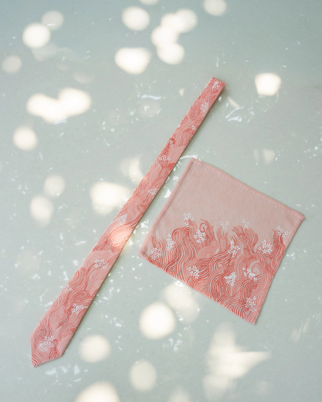 Pink Handpainted Pure Pashmina Tie & Pocket Square Set