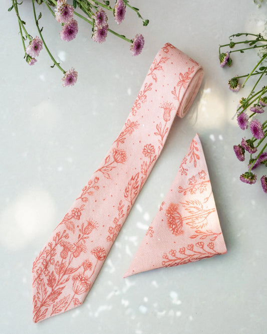 Peach Hand-Painted Pure Pashmina Tie & Pocket Square Set