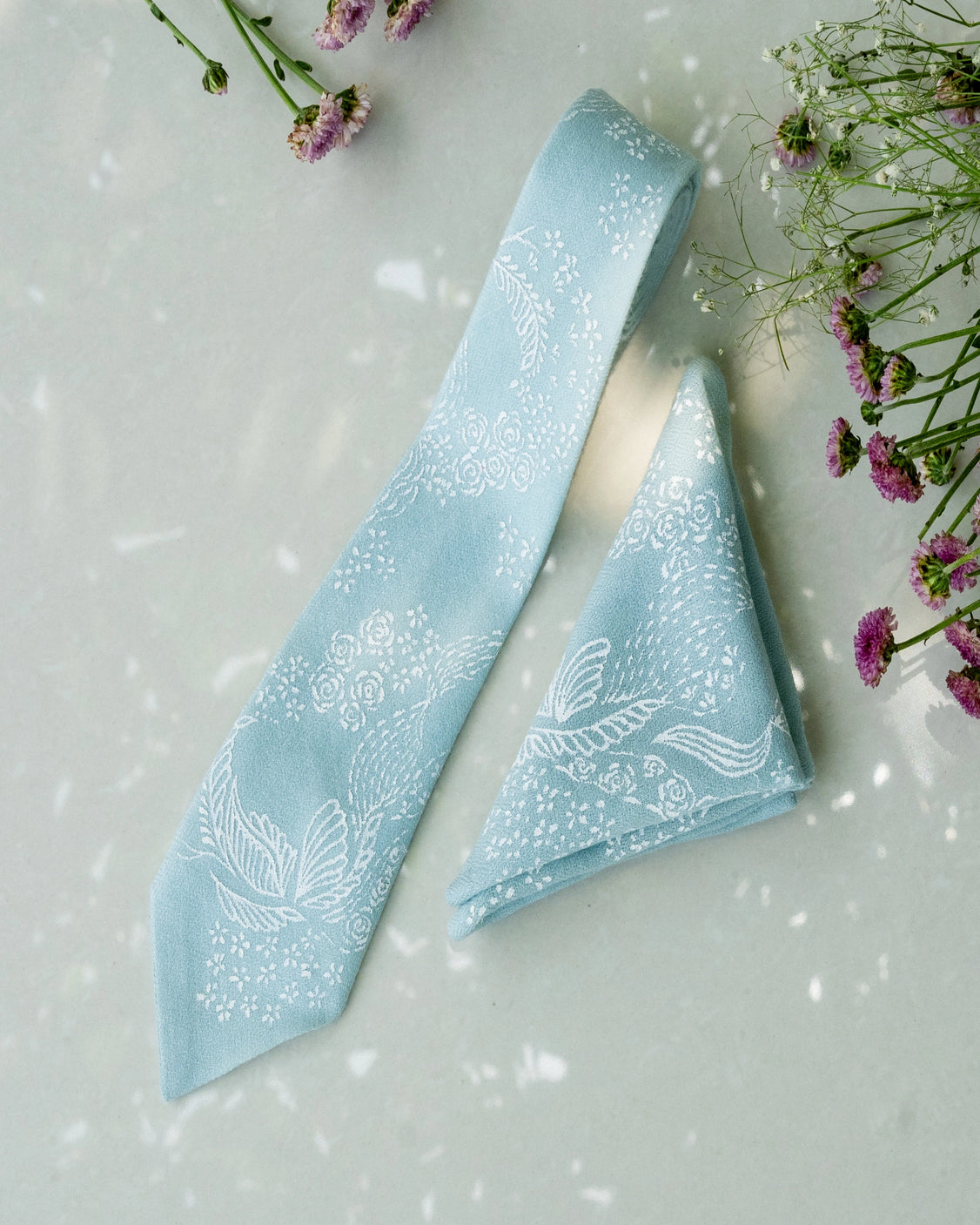 Sky Blue Pure Pashmina Handpainted Tie & Pocket Square Set