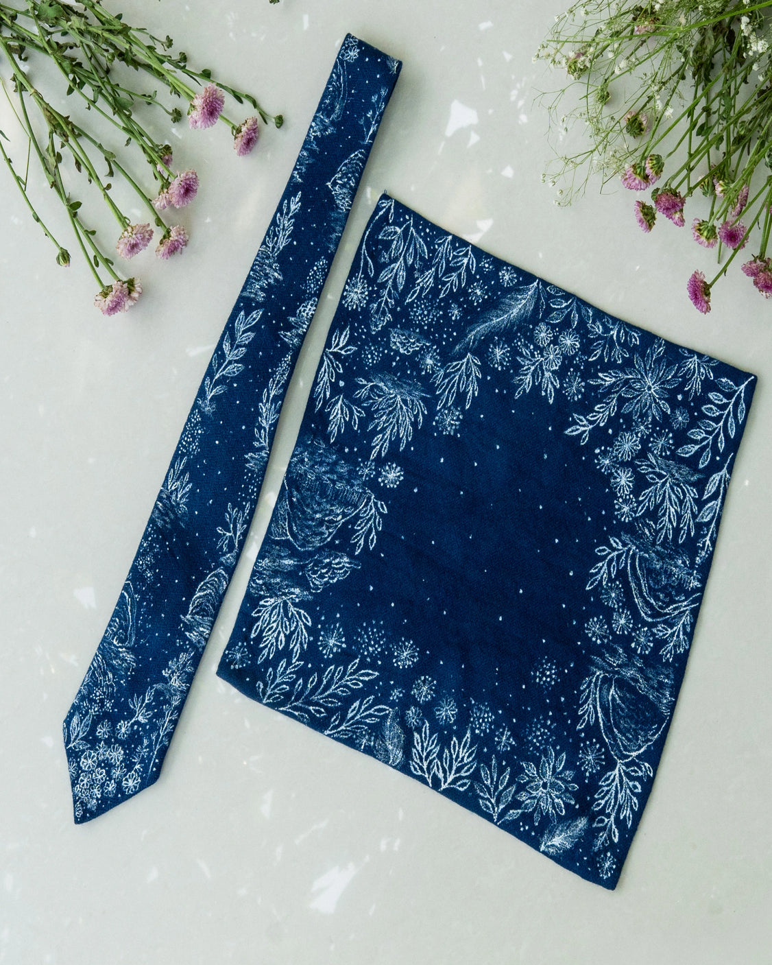 Navy Blue Handpainted Pure Pashmina Tie & Pocket Square Set