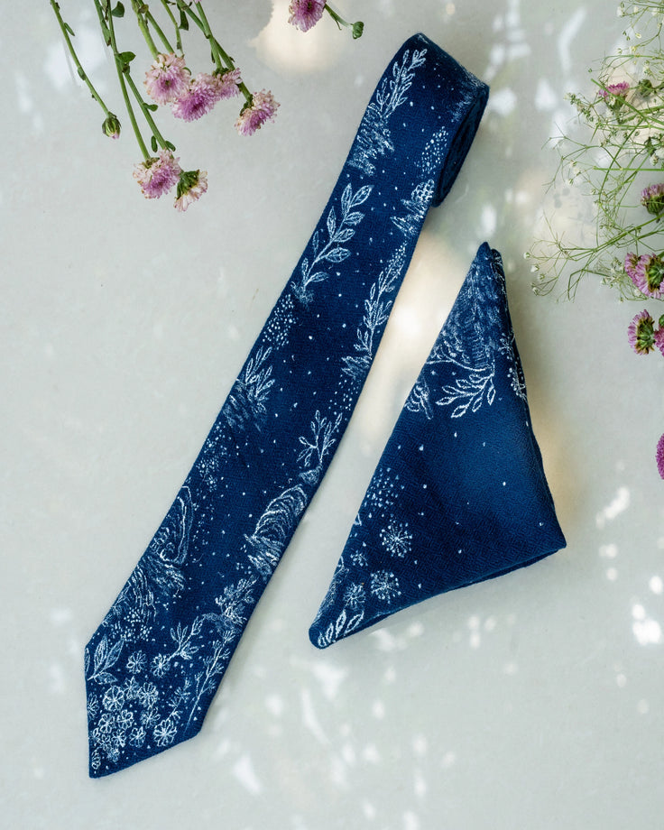Navy Blue Handpainted Pure Pashmina Tie & Pocket Square Set