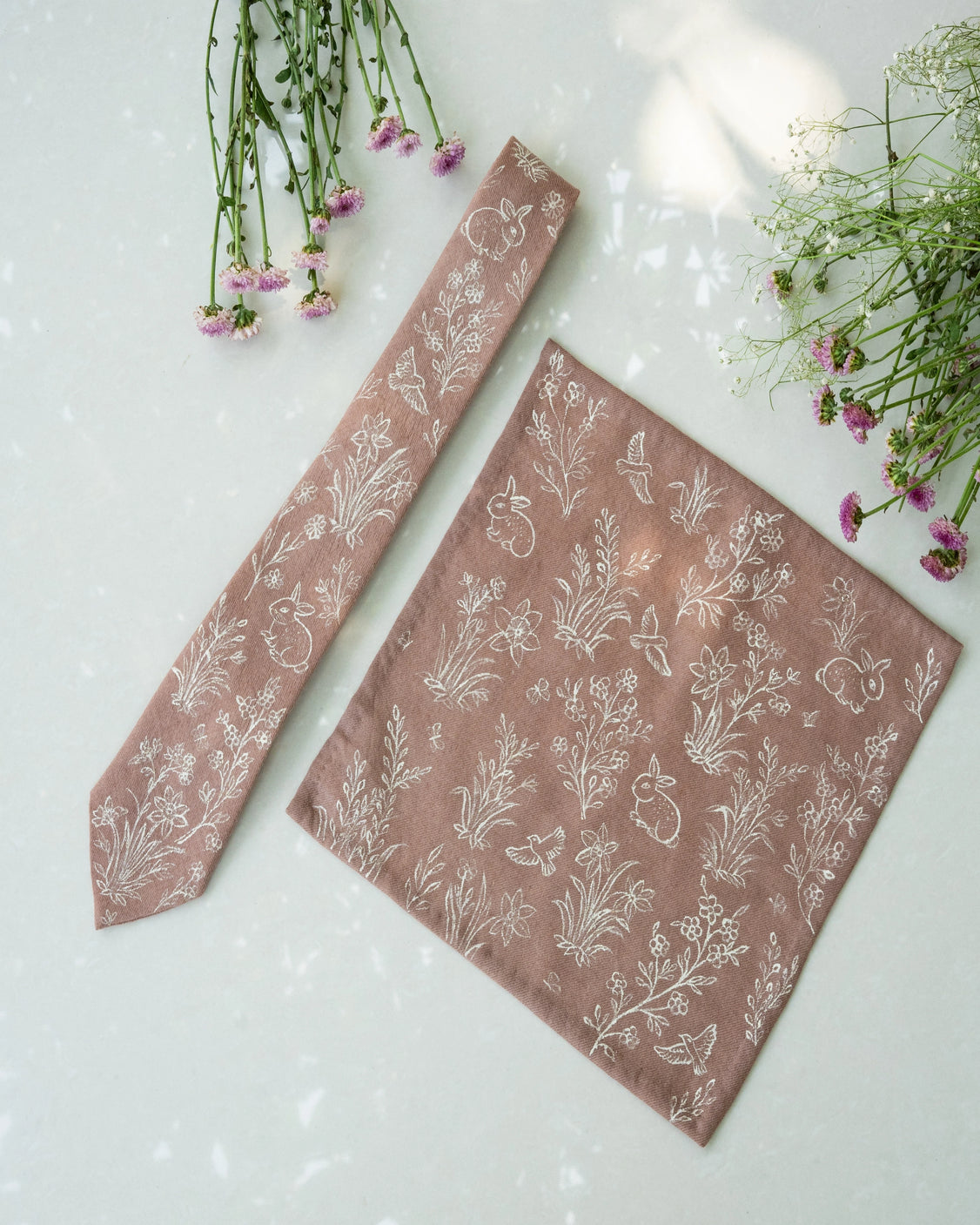 Light Brown Pure Pashmina Handpainted Tie & Pocket Square Set