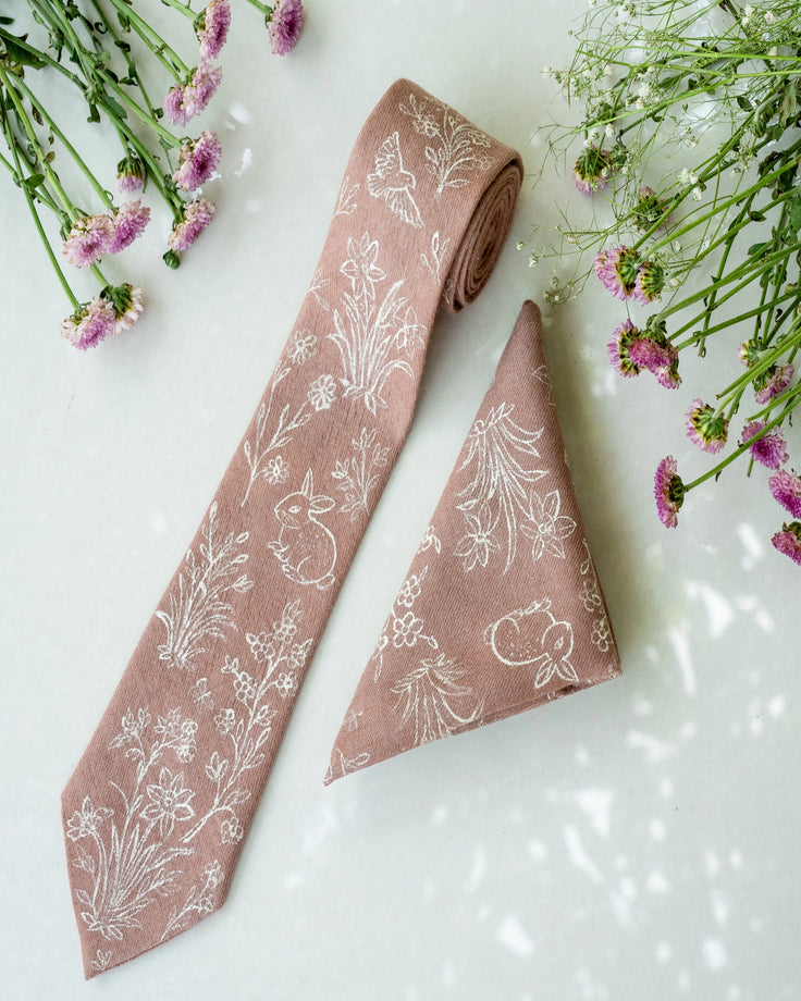 Light Brown Pure Pashmina Handpainted Tie & Pocket Square Set