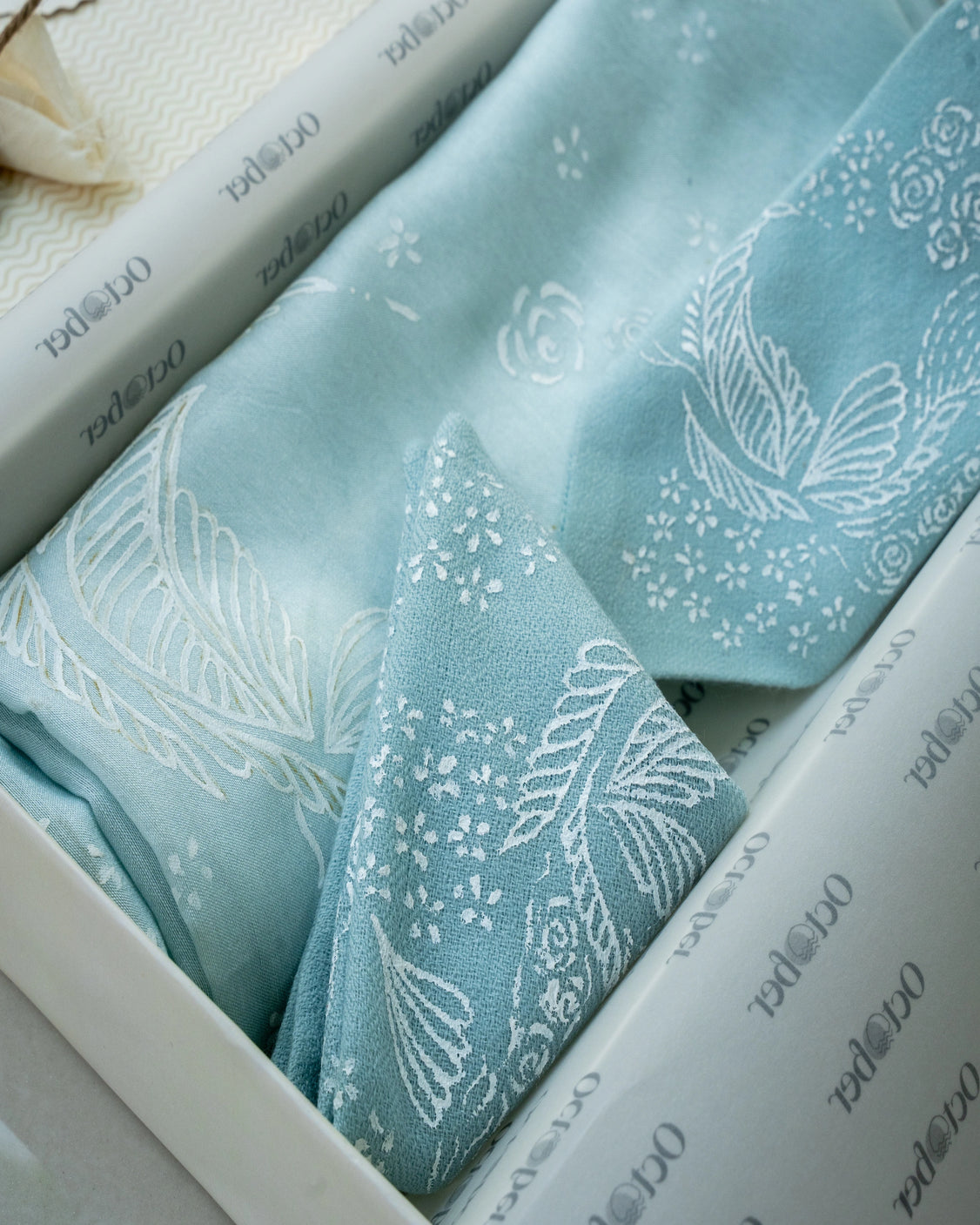 Powder Blue Hand-Painted Chanderi Silk Scarf & Pure Pashmina Tie & Pocket Square Gift Set