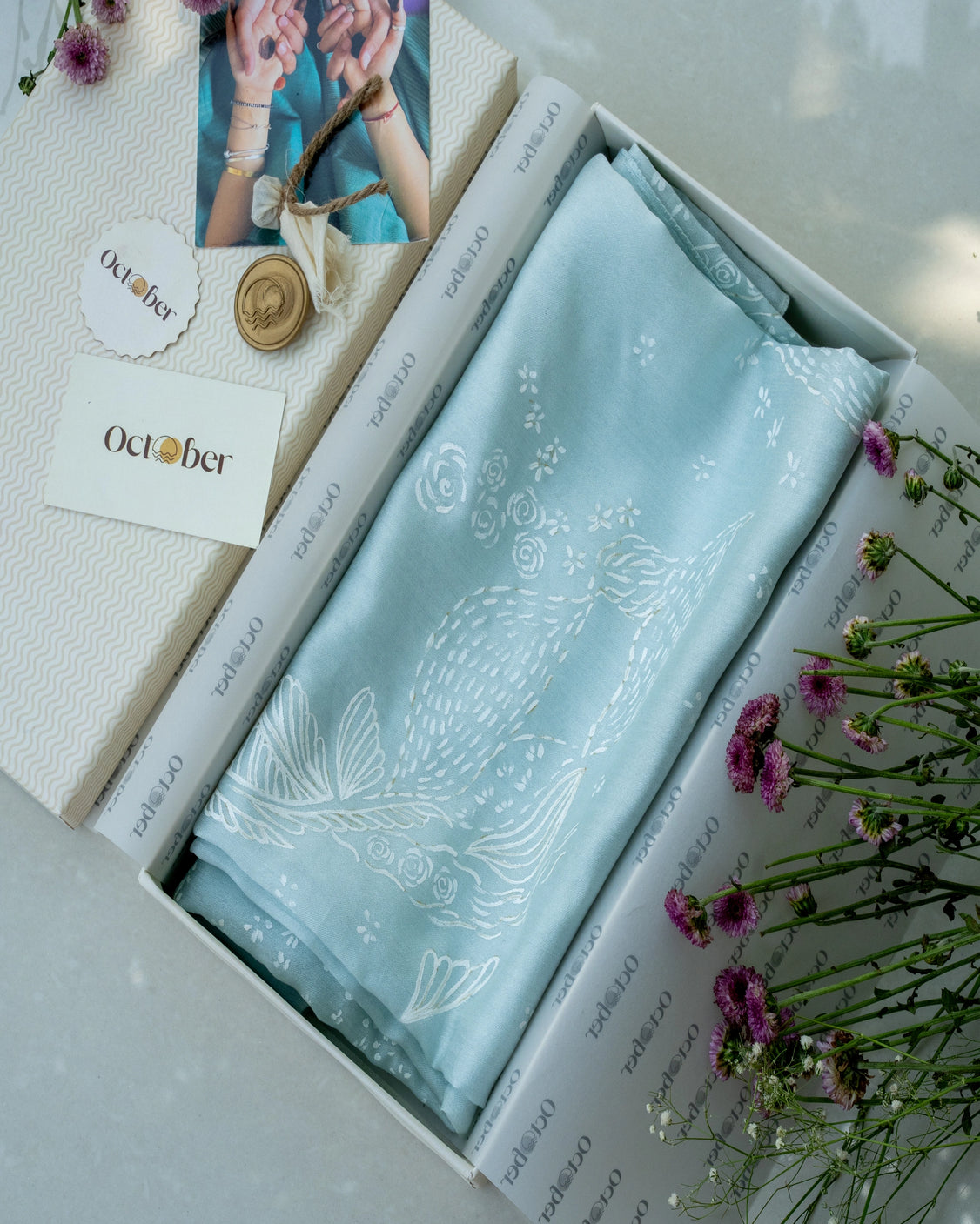 Powder Blue Hand-Painted Chanderi Silk Scarf