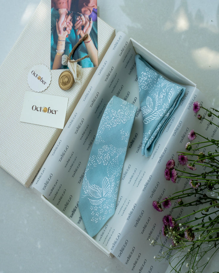 Powder Blue Hand-Painted Pure Pashmina Tie & Pocket Square Set