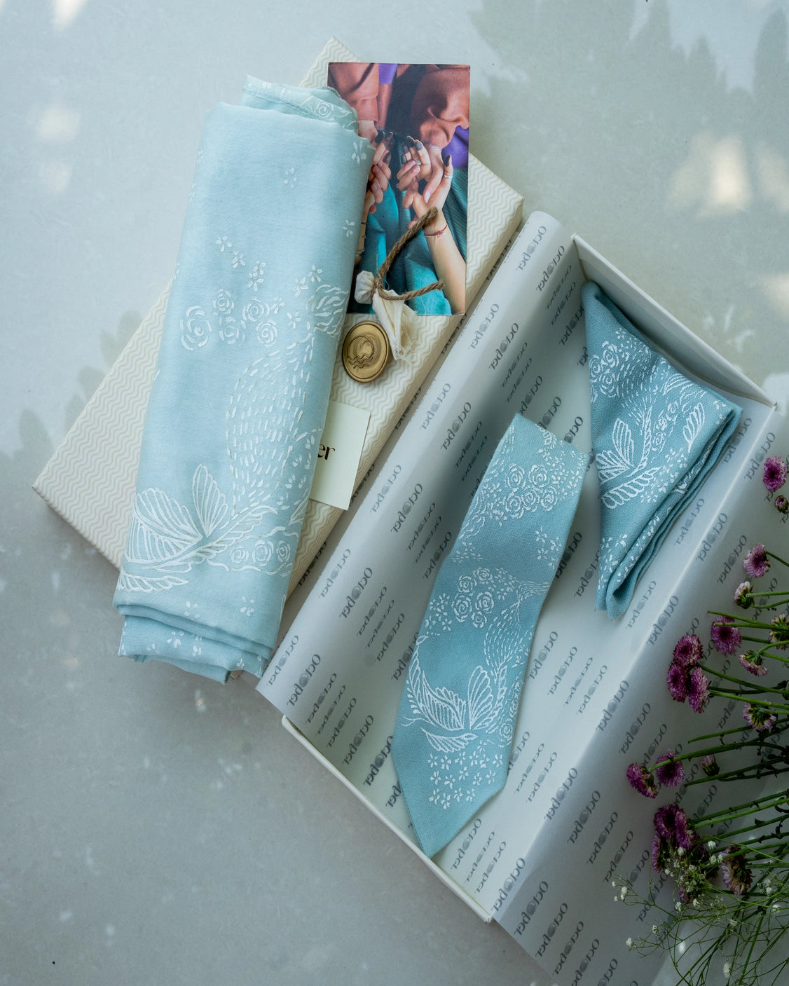 Powder Blue Hand-Painted Chanderi Silk Scarf & Pure Pashmina Tie & Pocket Square Gift Set