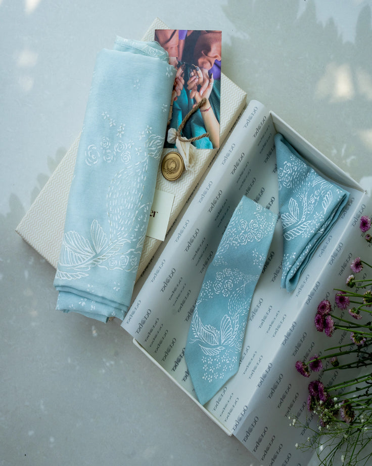 Powder Blue Hand-Painted Chanderi Silk Scarf & Pure Pashmina Tie & Pocket Square Gift Set