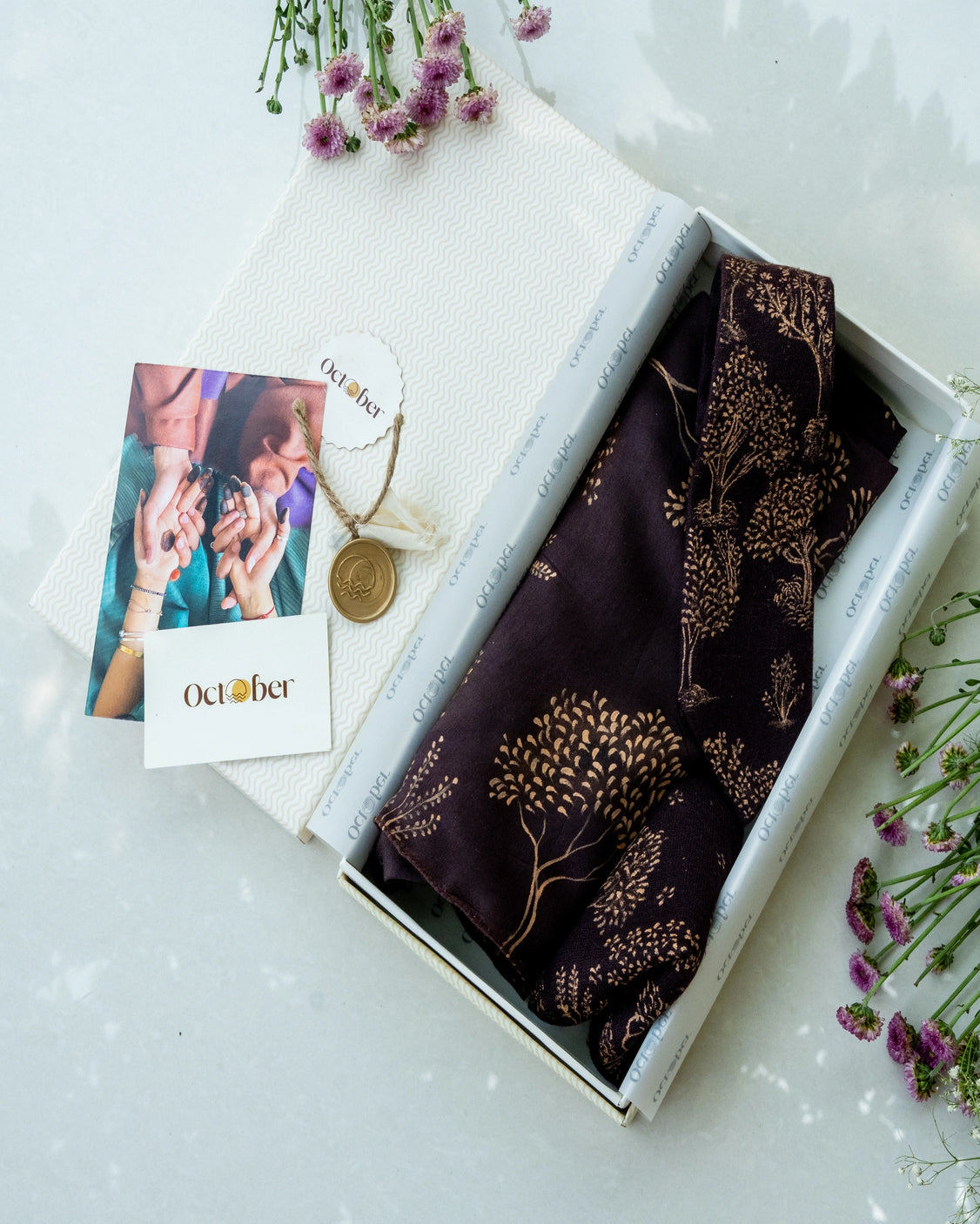 Brown Hand-Painted Chanderi Silk Scarf & Pure Pashmina Tie & Pocket Square Gift Set