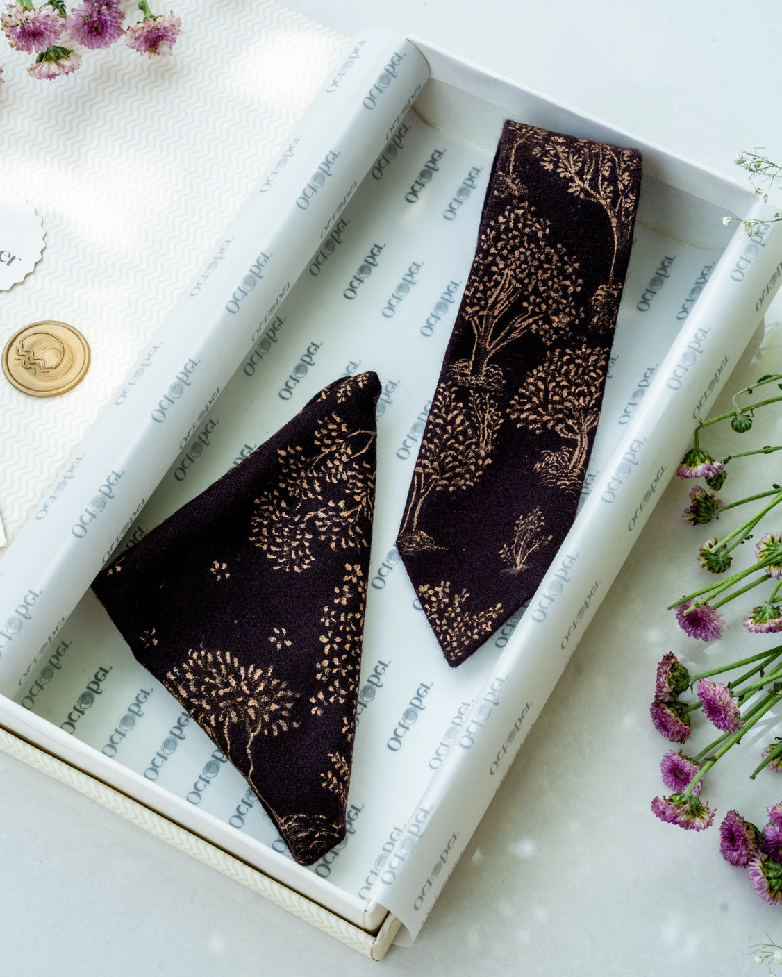 Brown Pure Pashmina Handpainted Tie & Pocket Square Set