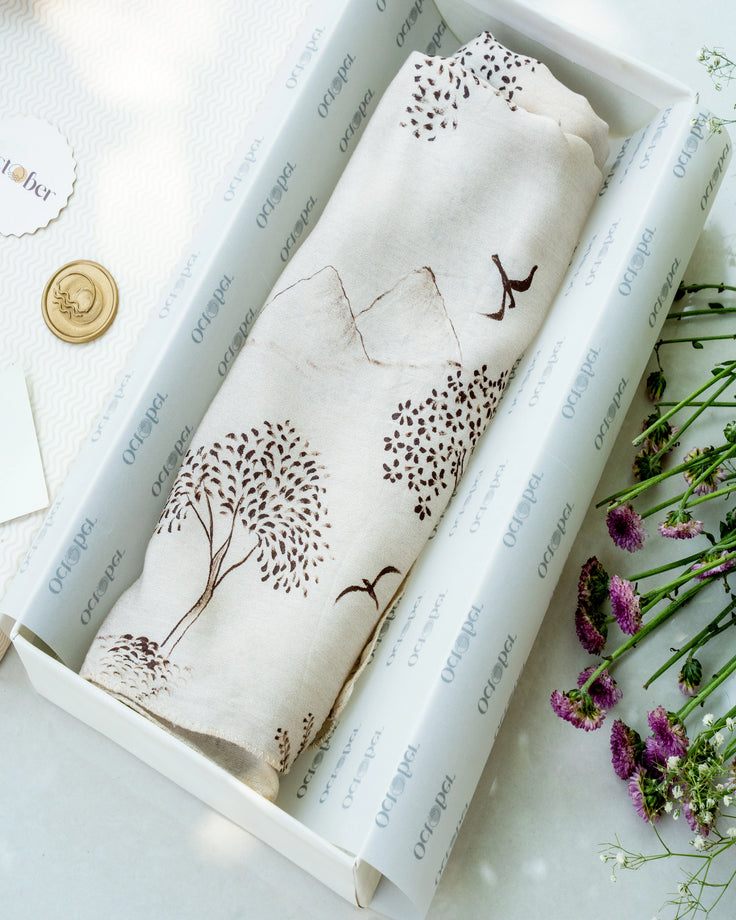 Ivory Hand-Painted Chanderi Silk Scarf