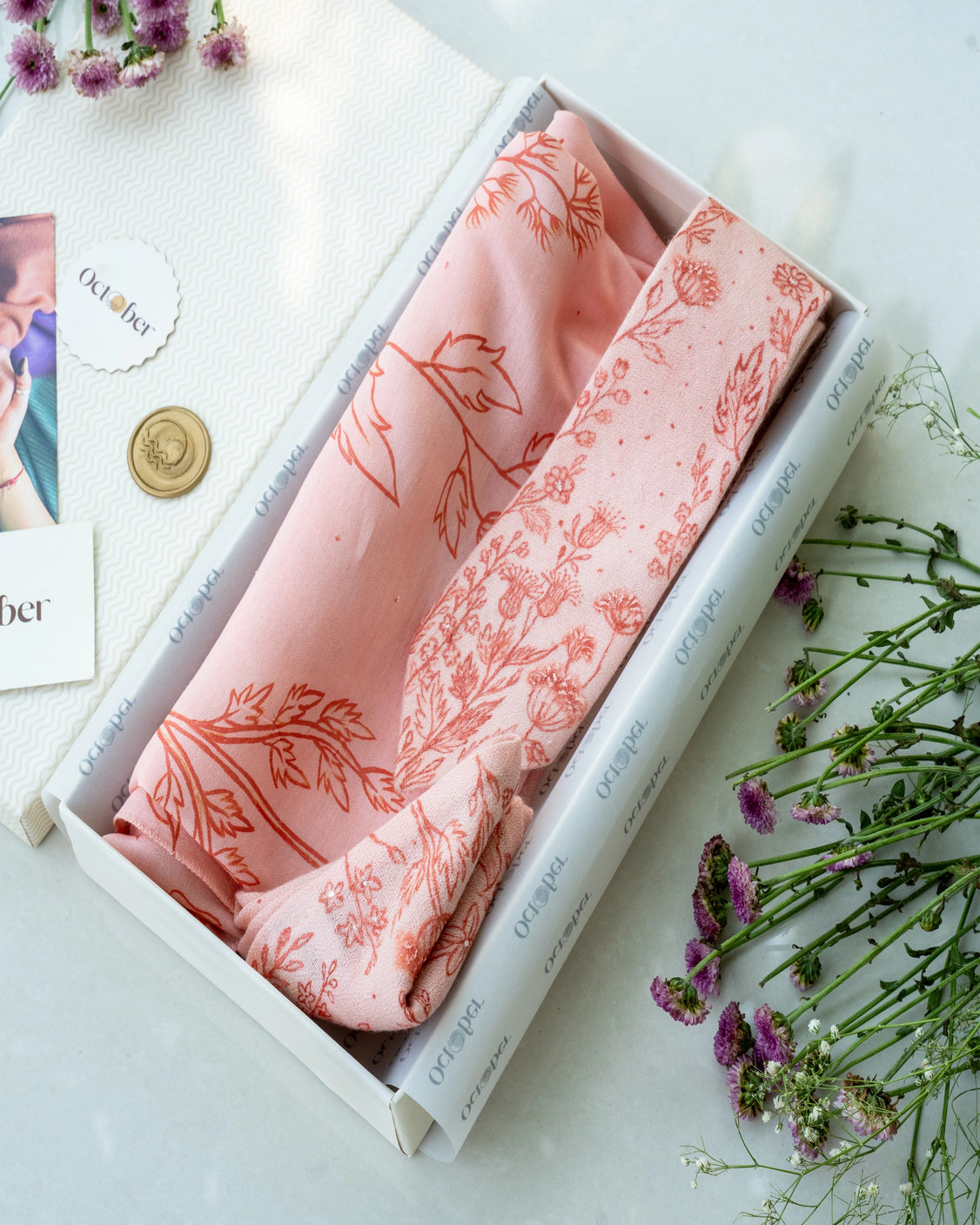 Peach Hand-Painted Chanderi Silk Scarf & Pure Pashmina Tie & Pocket Square Gift Set