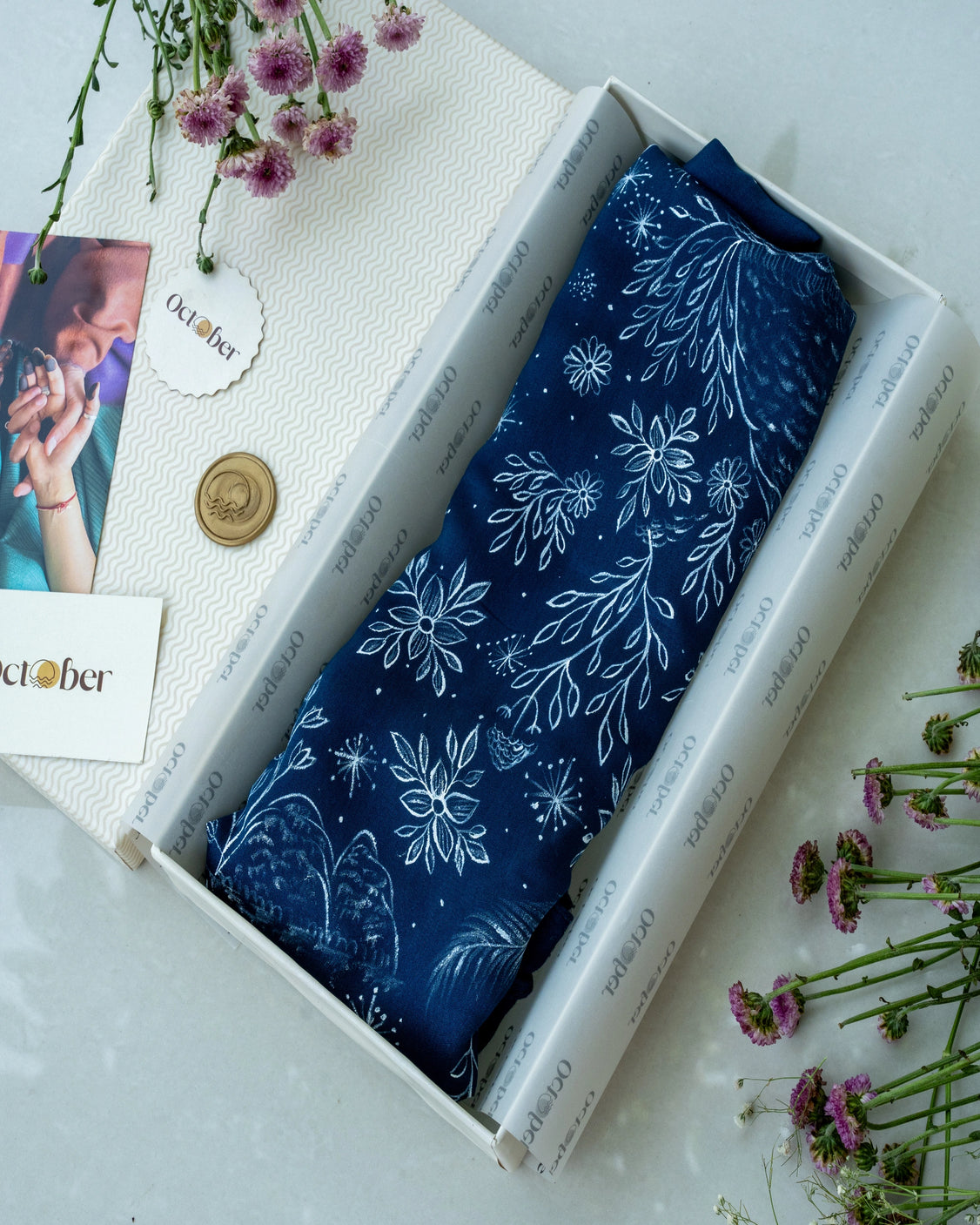 Midnight Blue Hand-Painted Chanderi Silk Scarf