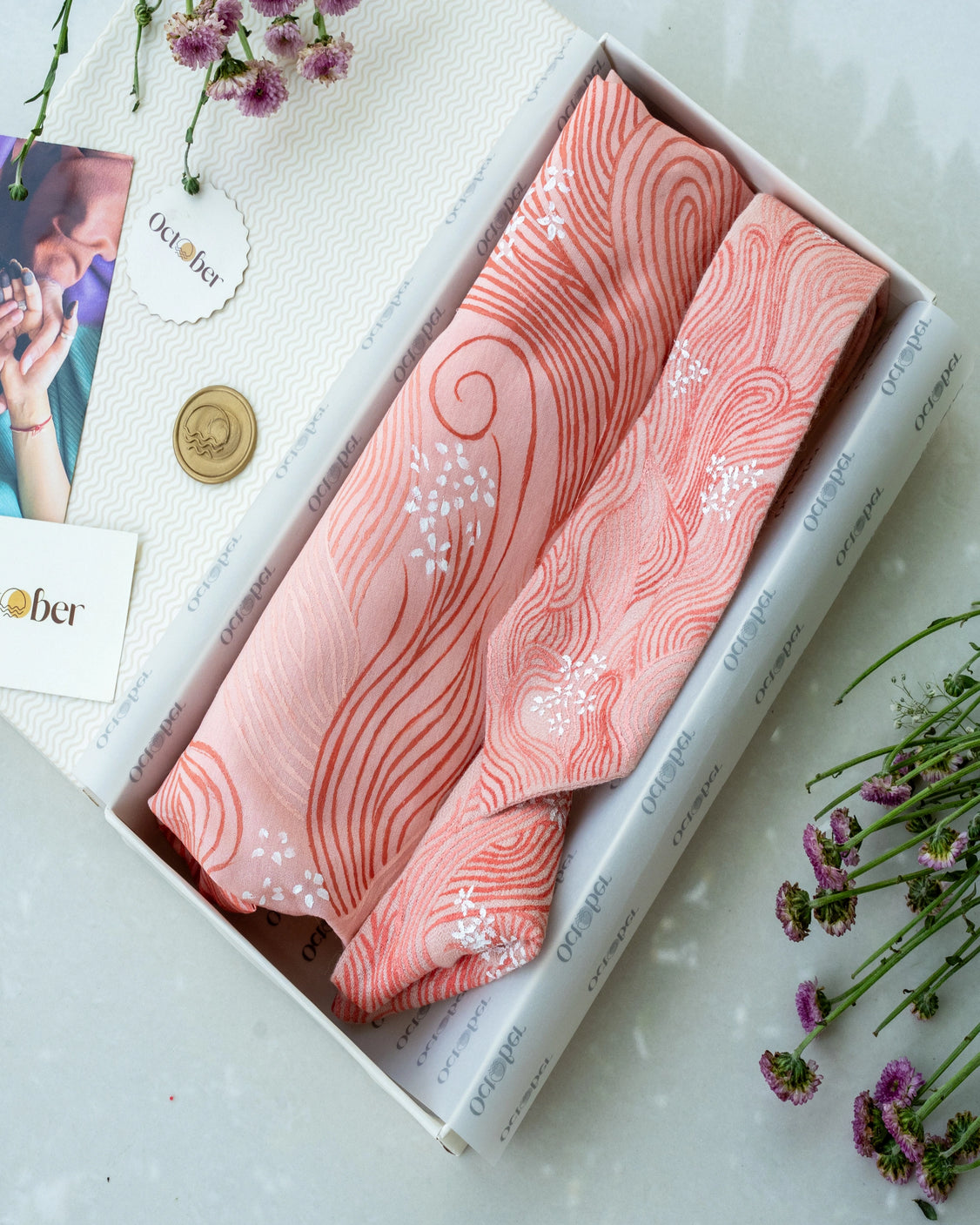 Blush Pink Hand-Painted Chanderi Silk Scarf & Pure Pashmina Tie & Pocket Square Gift Set