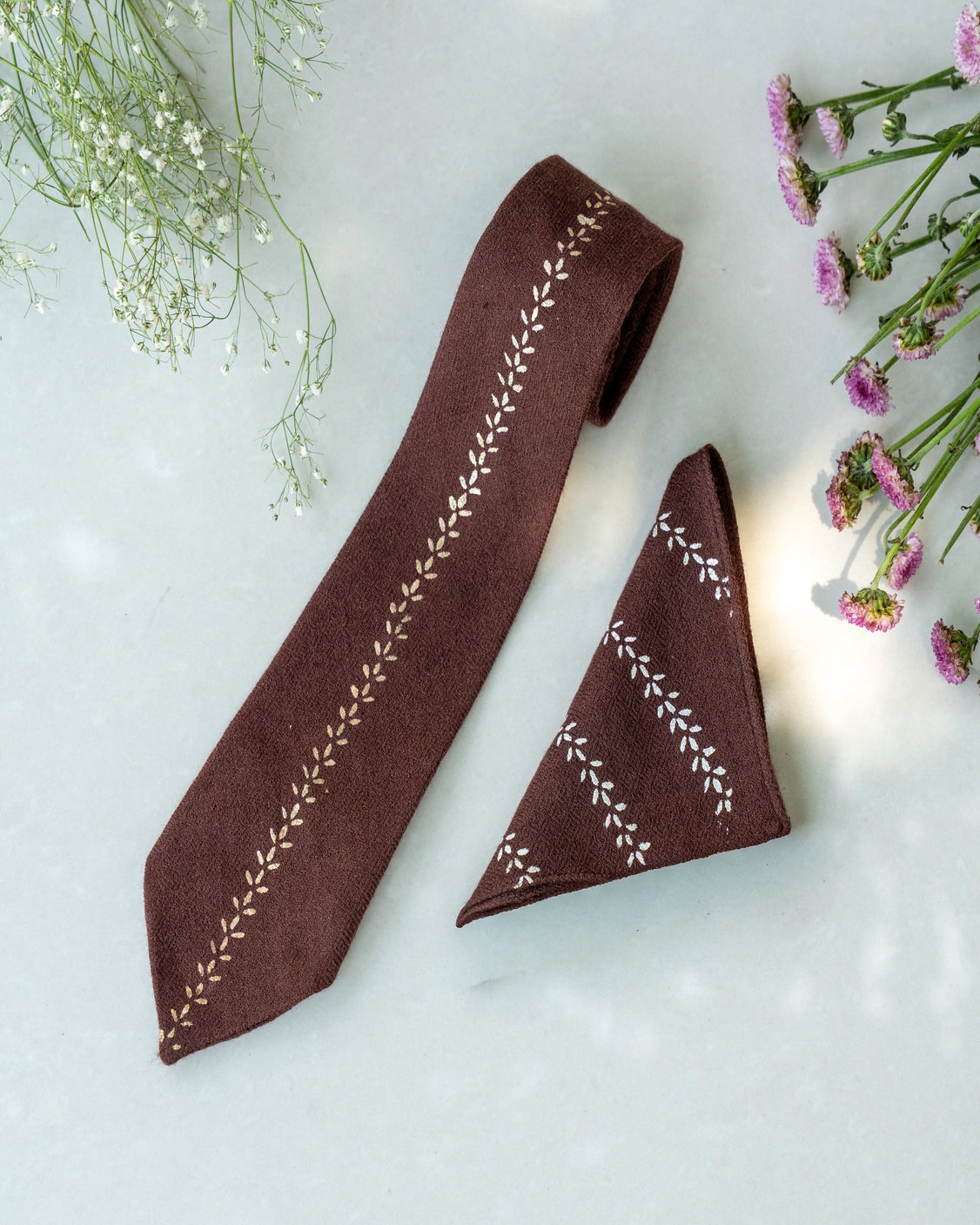 Brown Silver Printed Pure Pashmina Tie & Pocket Square Set
