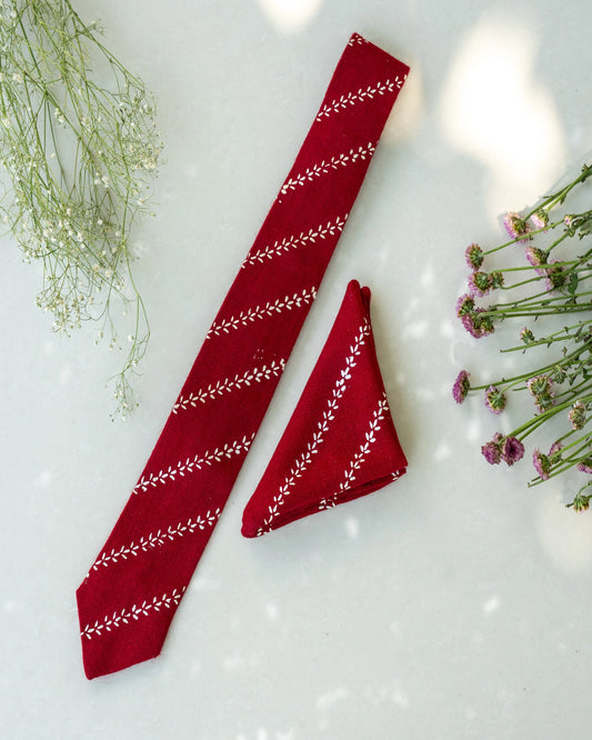 Maroon Pure Pashmina Silver Printed Tie & pocket Square Set