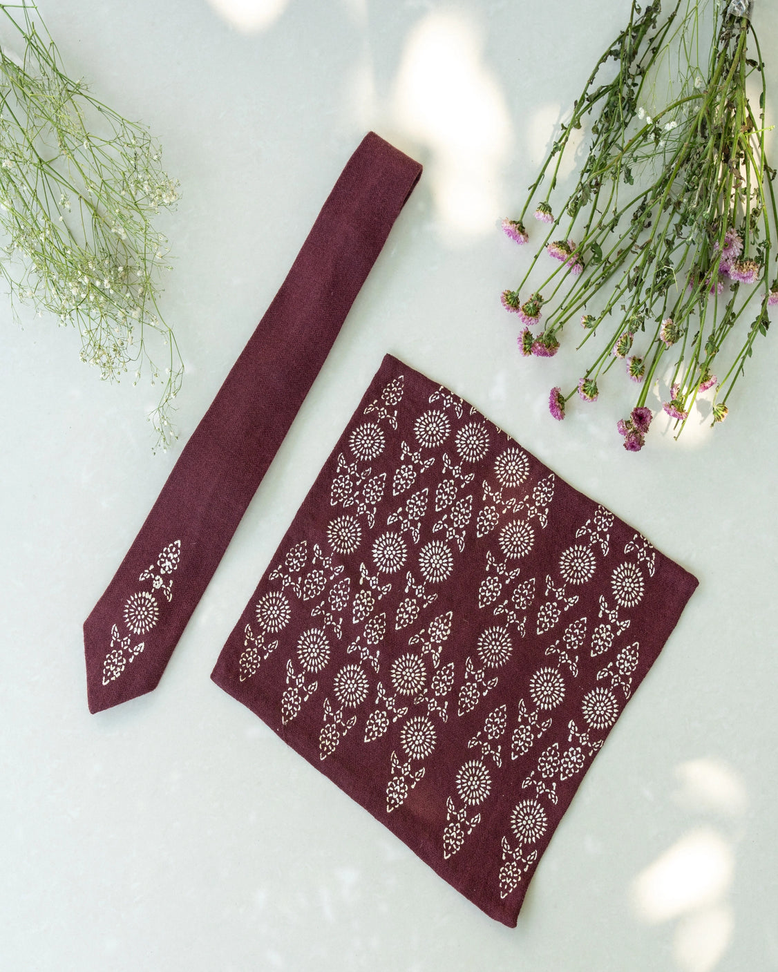 Brown Pure Pashmina Silver Printed Tie & pocket Square Set