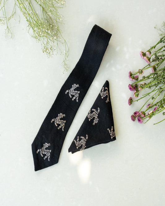 Black Silver Printed Pure Pashmina Tie & pocket Square Set