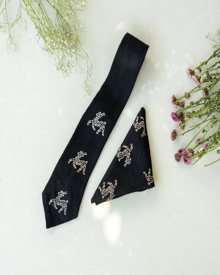 Black Silver Printed Pure Pashmina Tie & pocket Square Set