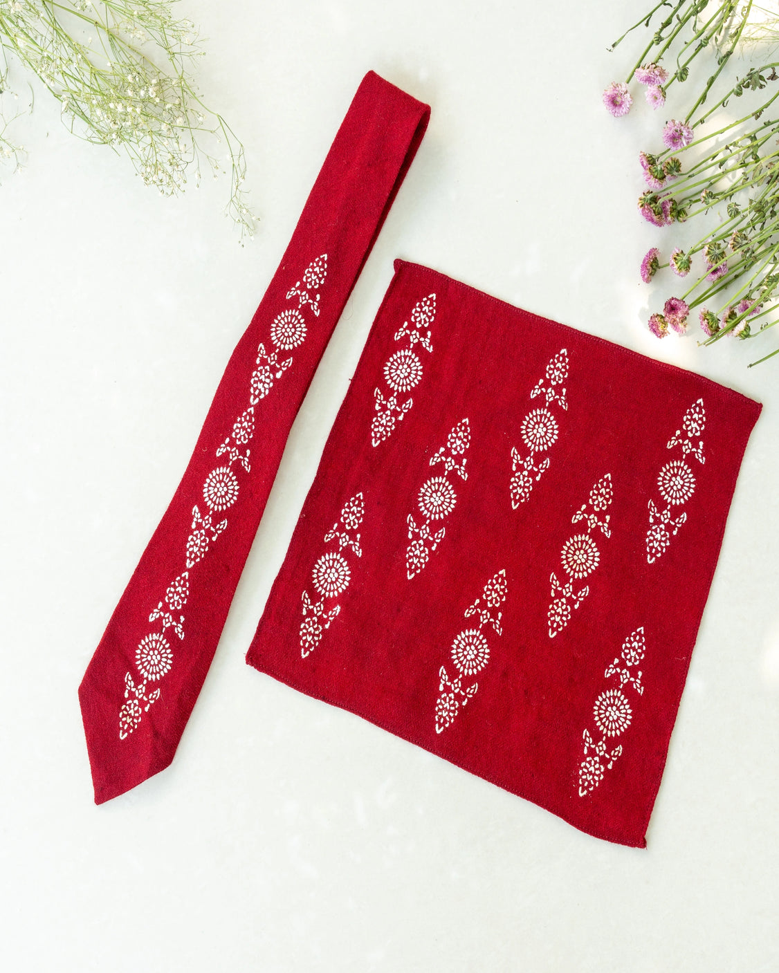 Maroon Silver Printed Pure Pashmina Tie & Pocket Square Set