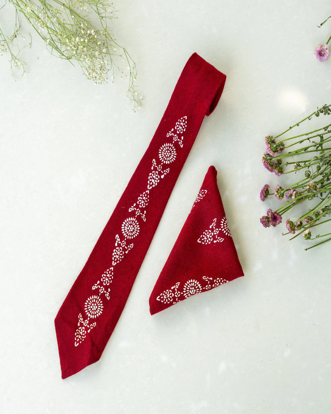Maroon Silver Printed Pure Pashmina Tie & Pocket Square Set