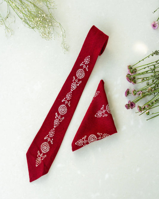 Maroon Silver Printed Pure Pashmina Tie & Pocket Square Set