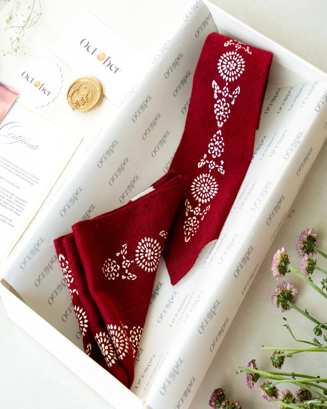 Maroon Silver Printed Pure Pashmina Tie & Pocket Square Set