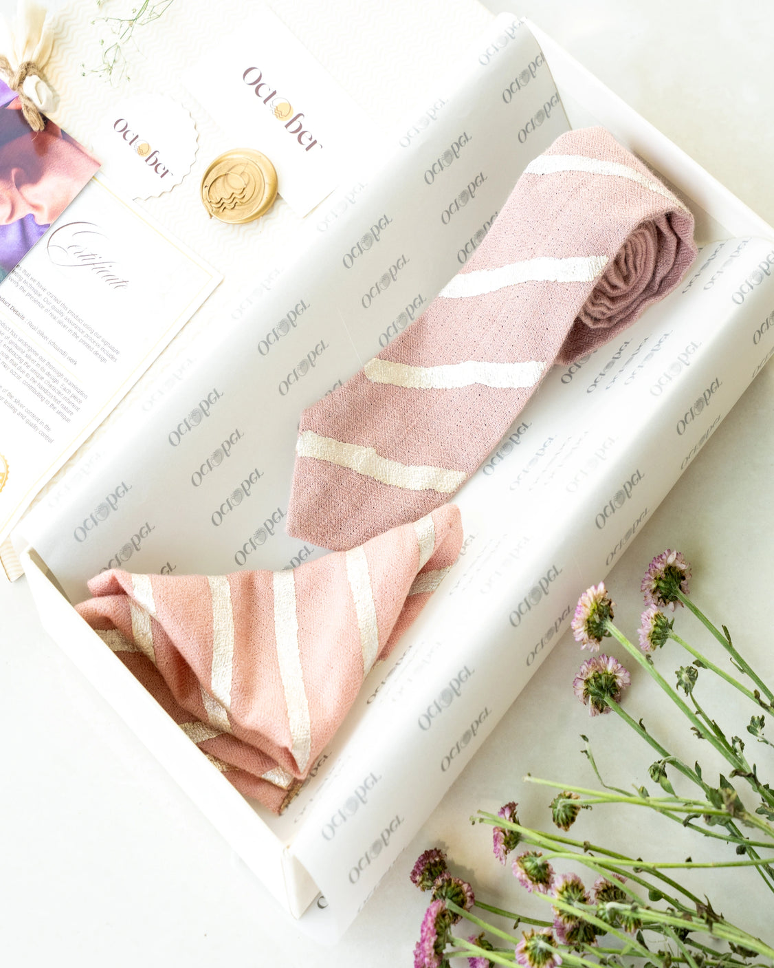 Peach Pure Pashmina Silver Printed Tie & Pocket Square Set