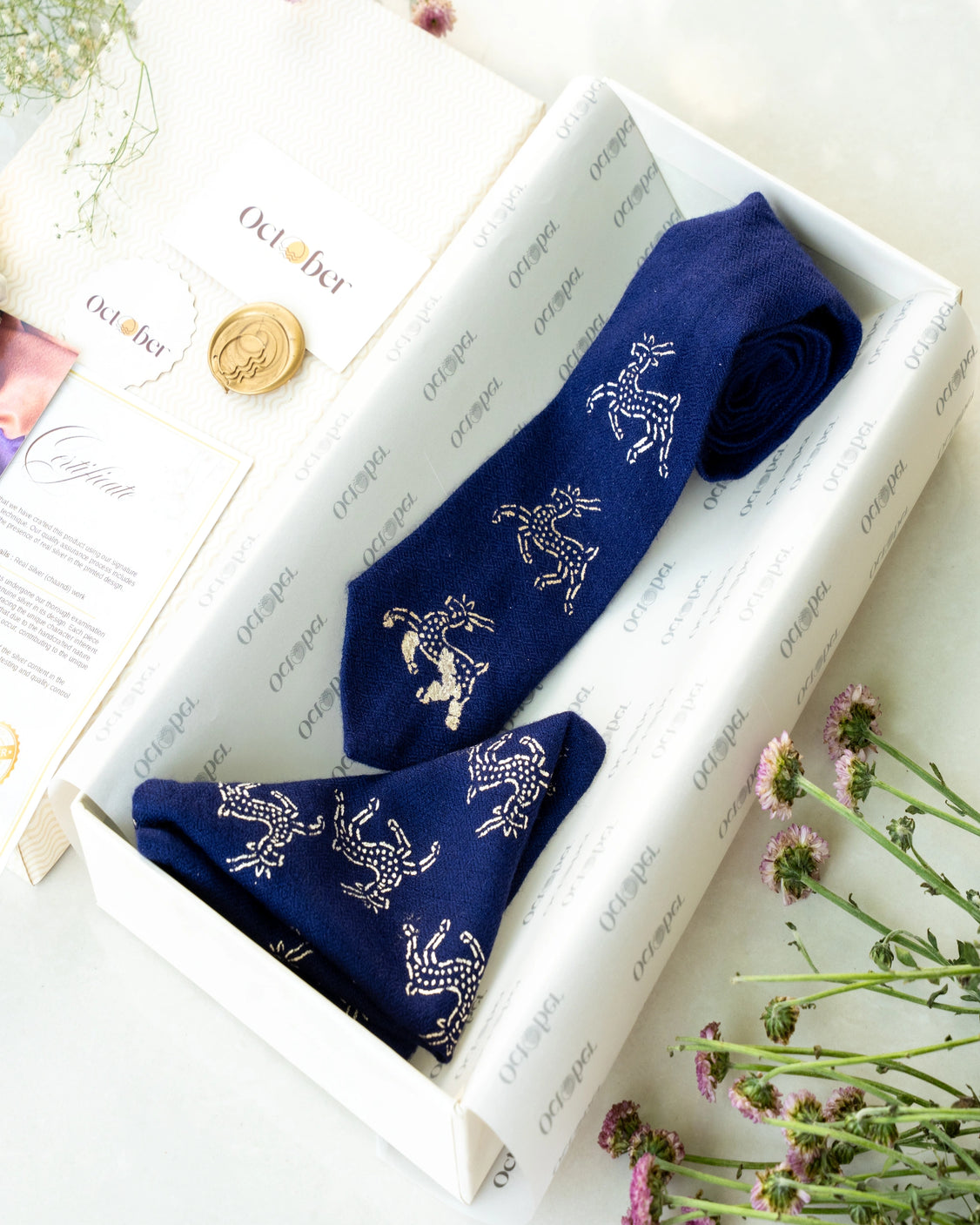 Navy Blue Pure Pashmina Silver Printed Tie & Pocket Square Set