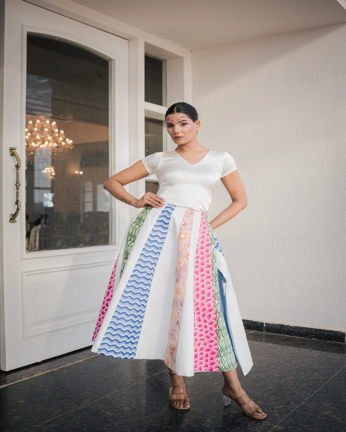Multicolored Cloud Handpainted Reversible Cotton Skirt