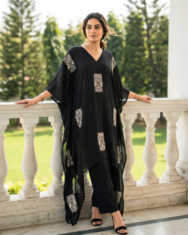 Twilight Bloom Real Silver Silk Kaftan