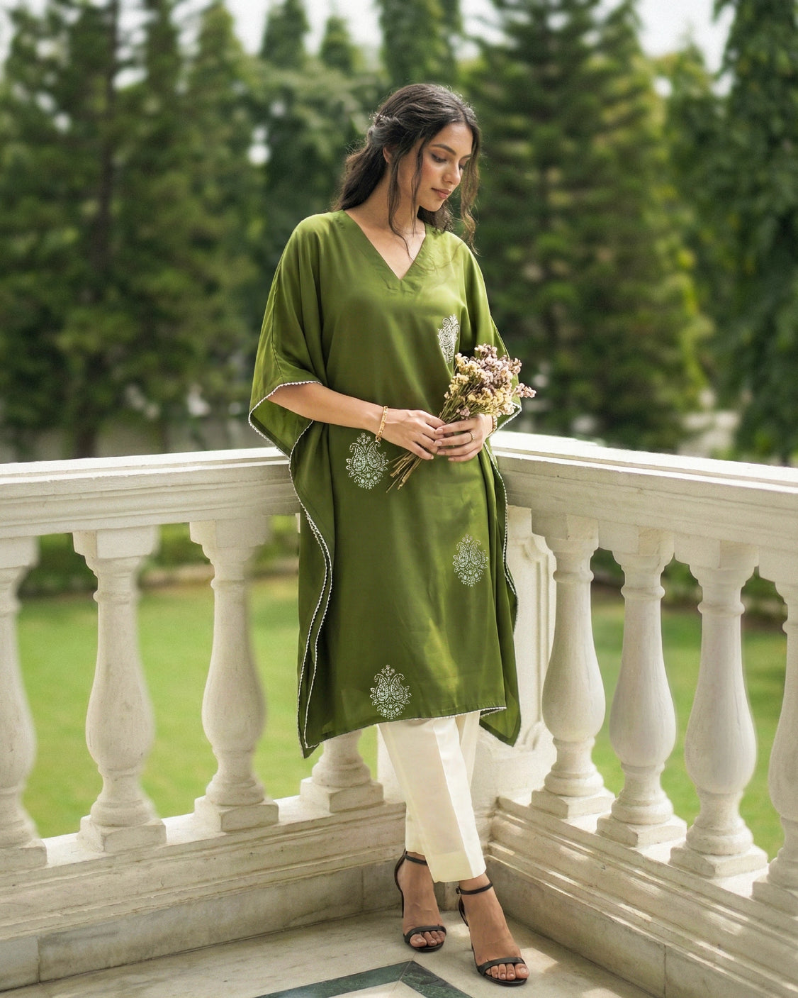 Sage Real Silver Crepe Kaftan